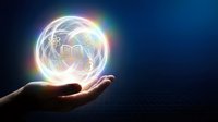 Hand holding glowing sphere with educational icons and rainbow light effects on dark blue background for learning technology concepts.