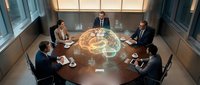 Diverse business professionals gathered around conference table with glowing globe hologram, discussing global strategy and international commerce in modern corporate meeting room.