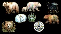Watercolor bear clipart set with 8 isolated designs including grizzly, polar bear, paw print, compass, and crest on transparent background for t-shirts and stickers.