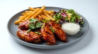 Grilled chicken wings with golden french fries and fresh mixed salad on gray plate. Restaurant meal with creamy dipping sauce for casual dining menu.