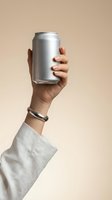 Female hand holding blank aluminum beverage can against beige background for mockup design and branding projects.