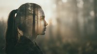 Woman with long dark hair in profile, forest landscape double exposure effect blended into her face, contemplative mood, nature connection concept for editorial, wellness, and mindfulness projects.