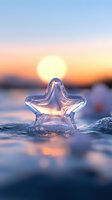 Crystal star shape on water surface against sunset sky background, creating magical atmosphere with soft orange and blue tones. Macro photography.