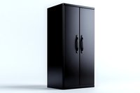Black metal storage cabinet with two doors and handles on white background, minimalist office furniture design isolated for commercial use.