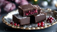 Dark chocolate squares filled with fresh cranberry on vintage golden plate, sprinkled with sea salt. Homemade candy with bright red berries and festive bokeh lights background.