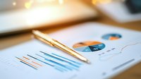 Financial charts and graphs with golden pen on business report showing market analysis and growth statistics. Blue data visualization on white paper.