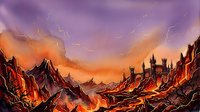 Fantasy apocalyptic landscape with volcanic mountains, lava flows and dramatic purple orange sky for gaming backgrounds and digital art projects.