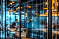 Glowing financial chart projection on glass wall in modern office space with blurred businessman and ambient lighting creates futuristic business atmosphere.