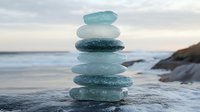 Zen stone stack balanced on rocky shore with ocean waves and cloudy sky creating peaceful meditation scene for wellness and mindfulness concepts.