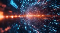 Abstract digital tunnel with glowing orange light streak through center of blue cyber matrix data stream, futuristic technology background for presentations.
