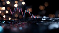 Stock market candlestick chart with blurred bokeh lights reflecting on dark surface, financial data visualization showing price movements and market trends.