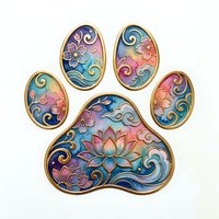 Ornate paw print with colorful floral patterns, swirling designs, and gold accents on isolated white background. Perfect for pet-related designs and merchandise.