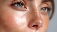 Close-up of young woman with freckles, glowing skin, and green eyes showing natural beauty with dewy complexion for skincare advertising.