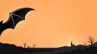 Silhouette of bat flying over spooky landscape with dead trees and church steeple at dusk, isolated on orange gradient background for Halloween designs.