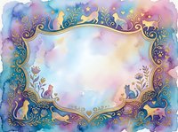 Watercolor frame with ornate golden border and floral elements on colorful purple blue background for invitations and greeting cards.
