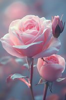 Delicate pink roses bloom against soft blurred background, showcasing gentle petals and buds in pastel tones with dreamy atmospheric lighting for romantic designs.