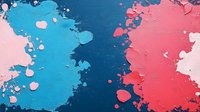 Vibrant coral pink and turquoise blue paint splatter abstract background with dark navy center creates dramatic artistic composition for modern design projects.