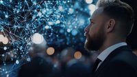 Caucasian businessman with beard in dark suit looking at glowing blue network visualization with bokeh lights, representing digital transformation and AI technology.