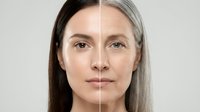 Split face comparison showing woman aging process from young brunette to mature gray-haired, skincare and anti-aging concept for beauty industry.