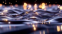 Mesmerizing water waves with golden bokeh lights reflecting on dark liquid surface creating magical ripple patterns and glowing highlights in evening atmosphere.