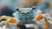 Macro shot of blue crab face with detailed eyes and mouth parts against orange background, showing intricate underwater creature features in sharp focus.