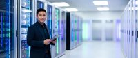 Professional Asian male IT technician using tablet in modern data center server room with blue LED lighting for network infrastructure management.