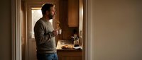 Thoughtful middle-aged Caucasian man holding a steaming coffee cup in a warm kitchen, gazing out the window in a quiet morning moment.