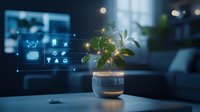 Smart home automation concept with glowing plant in connected pot and floating digital interface showing monitoring system and control panel in evening room.