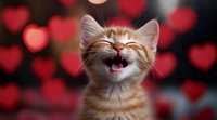 Smiling ginger kitten with heart bokeh background, expressing joy and happiness. Cute pet portrait with red romantic Valentine's day mood lighting effect.