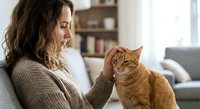 Young woman with curly hair gently petting orange tabby cat while relaxing on couch in bright modern living room. Pet care and companionship concept.