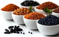 Assorted spices and seasonings in white ceramic bowls on white background, including red lentils, black peppercorns, and dried herbs for cooking and food styling.