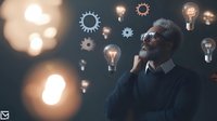 Senior Caucasian businessman in thoughtful pose with floating light bulbs and gear icons, representing innovation and creative problem solving on dark background.
