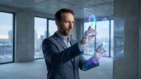 Middle-aged Caucasian businessman in suit interacting with futuristic holographic interface displaying data analytics in modern office environment.