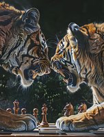 Two fierce tigers engaged in strategic chess match, facing each other over wooden board with pieces. Dark atmospheric background creates dramatic scene of wild animals playing game.