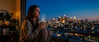 Woman gazing at illuminated cityscape from high-rise window at dusk, contemplative mood, urban living lifestyle.