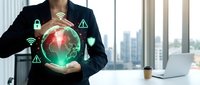 Businesswoman holding glowing globe with security icons, representing global network protection, cybersecurity, and digital connectivity for enterprise solutions.