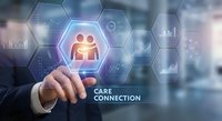 Business professional touching digital healthcare interface with people icons and care connection text for medical technology solutions.