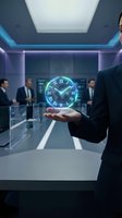 Businessman in dark suit holding glowing neon clock above palm in modern office with colleagues, representing time management, deadline, and business efficiency concepts.