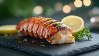 Grilled lobster tail with butter sauce and fresh herbs served on black slate plate, garnished with lemon slice. Soft bokeh background creates luxurious mood.