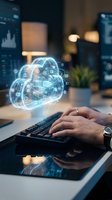 Businessman hands typing on keyboard with glowing cloud computing hologram displaying network connections and data transfer in modern office environment.