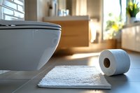 Modern white toilet bowl and paper roll on soft bath mat in sunlit contemporary bathroom with wooden furniture and window view. Natural morning light.