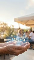 Digital navigation hologram floating above open palm with blurred outdoor venue background, representing GPS technology, location services, and route planning for travel apps and mapping software.
