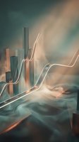Abstract financial growth chart with rising arrows and bar graphs in soft teal and coral tones representing business success and market analytics.