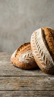 Artisan sourdough bread loaves with decorative wheat pattern scoring on rustic wooden table against textured concrete wall background for bakery marketing.