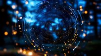 Digital spiral tunnel with glowing blue and gold particles flowing through concentric circles, representing data flow, technology, and network connectivity for digital transformation concepts.