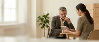 Mature male professional with gray hair and glasses wearing brown blazer engaged in serious conversation with young female employee in olive green shirt at wooden desk in bright office with potted plant, discussing work matters or providing mentorship.