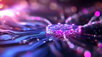 Futuristic digital tunnel with glowing purple and blue lights creating dynamic motion blur effect for technology and data transfer concepts.