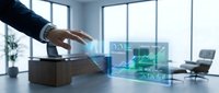 Businessman touching futuristic holographic dashboard with analytics charts in modern office, digital data visualization concept.