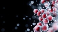 Microscopic view of red molecular structure with bubbles and particles floating in dark space, scientific research concept for biology or chemistry studies.