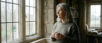 Senior woman with long gray hair and fair complexion, wearing a cozy knit sweater, holding a warm beverage while gazing thoughtfully out a large window in a rustic interior space.